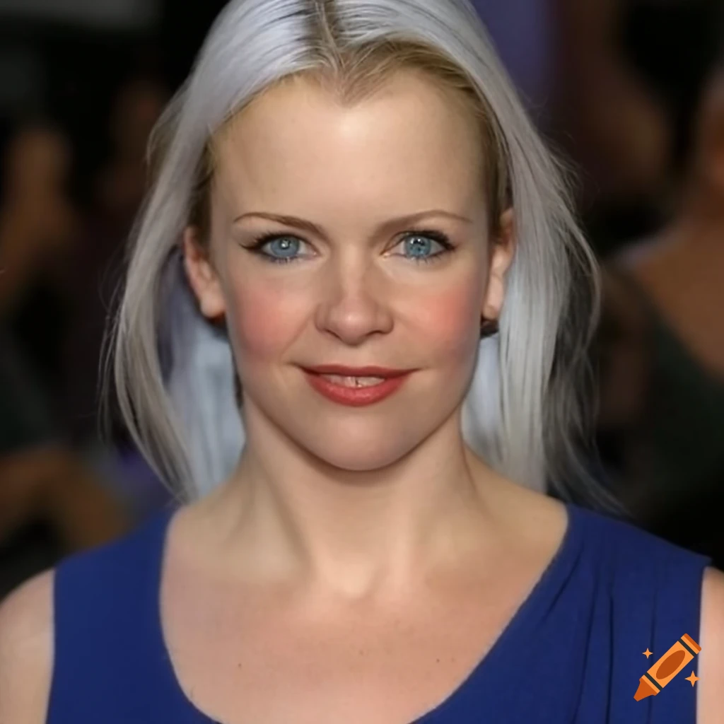 Melissa joan hart with white hair in a blue sleeveless t-shirt on Craiyon