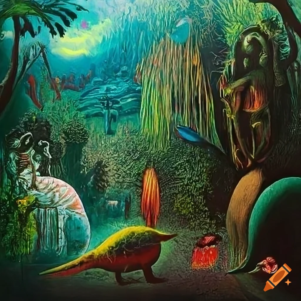Wide angle panorama of a jungle landscape with fantasy creatures by ...