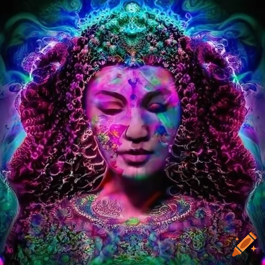 Psychedelic and fractal sacred feminine, with Buddha by her side