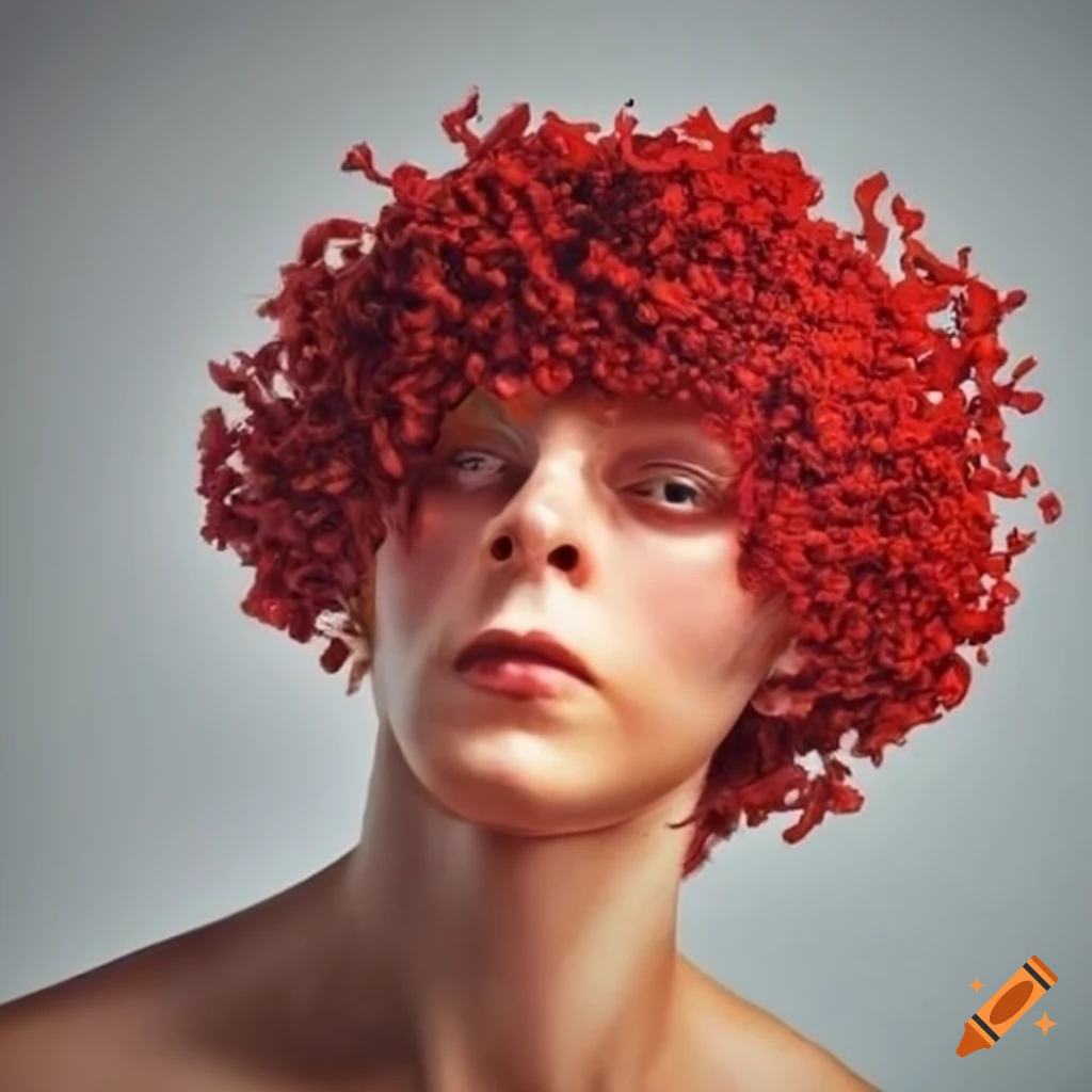 Man with vibrant red broccoli hair on Craiyon