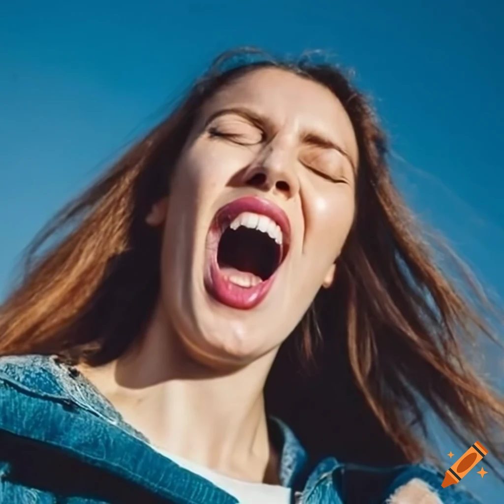 Close Up Of Emotional Woman With Round Wide Open Mouth And Head Thrown