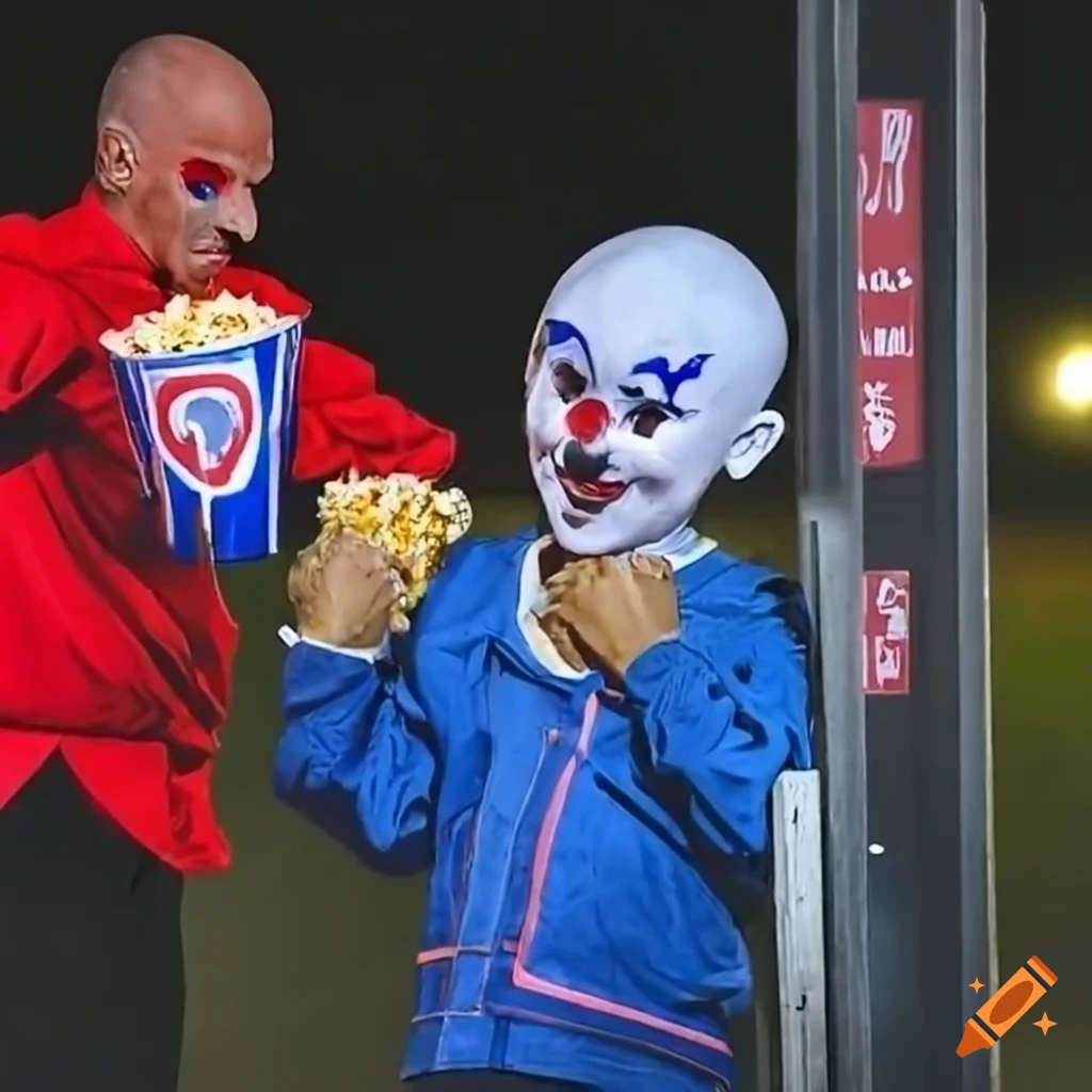 Ariana grande in a mime clown costume eating popcorn at a bus stop at night on Craiyon
