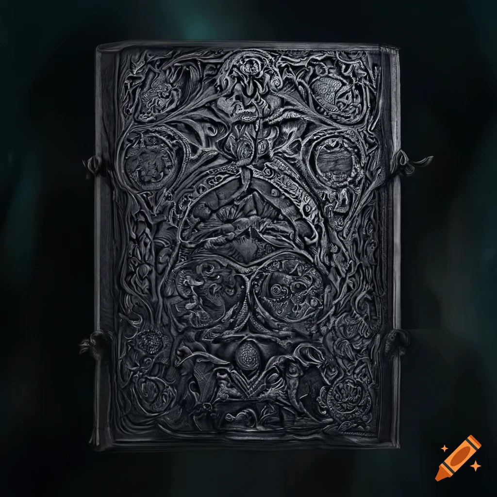Intricately embossed pewter and black leather bound book