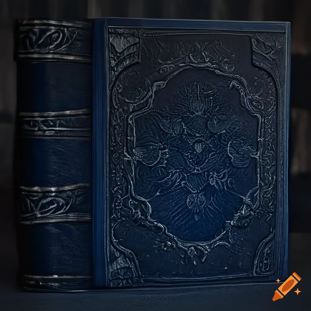 Supple dark blue and black leather-bound epic fantasy book with intricate embossing