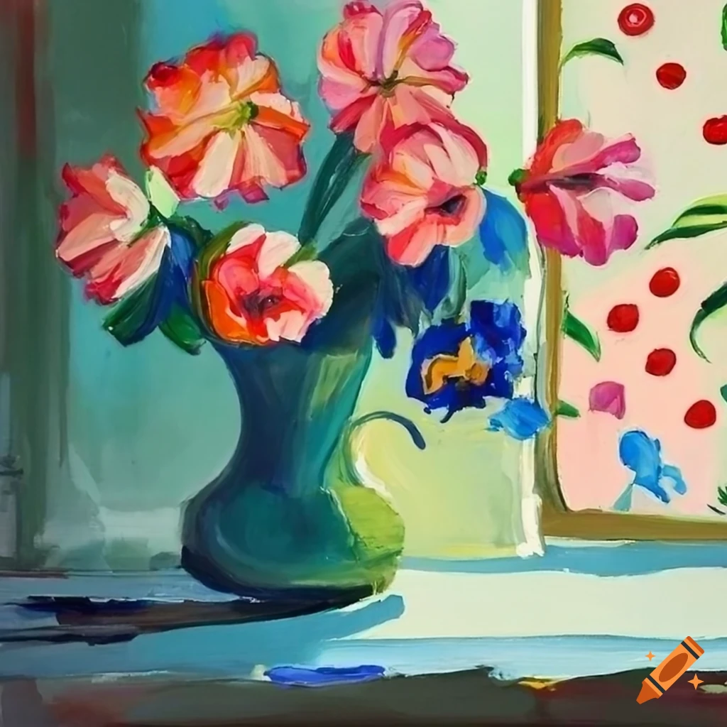 Vase of flowers next to window in acrylic painting with visible