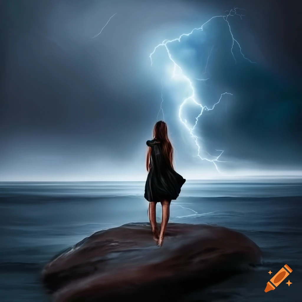 Woman standing on ocean rock in a thunderstorm on Craiyon