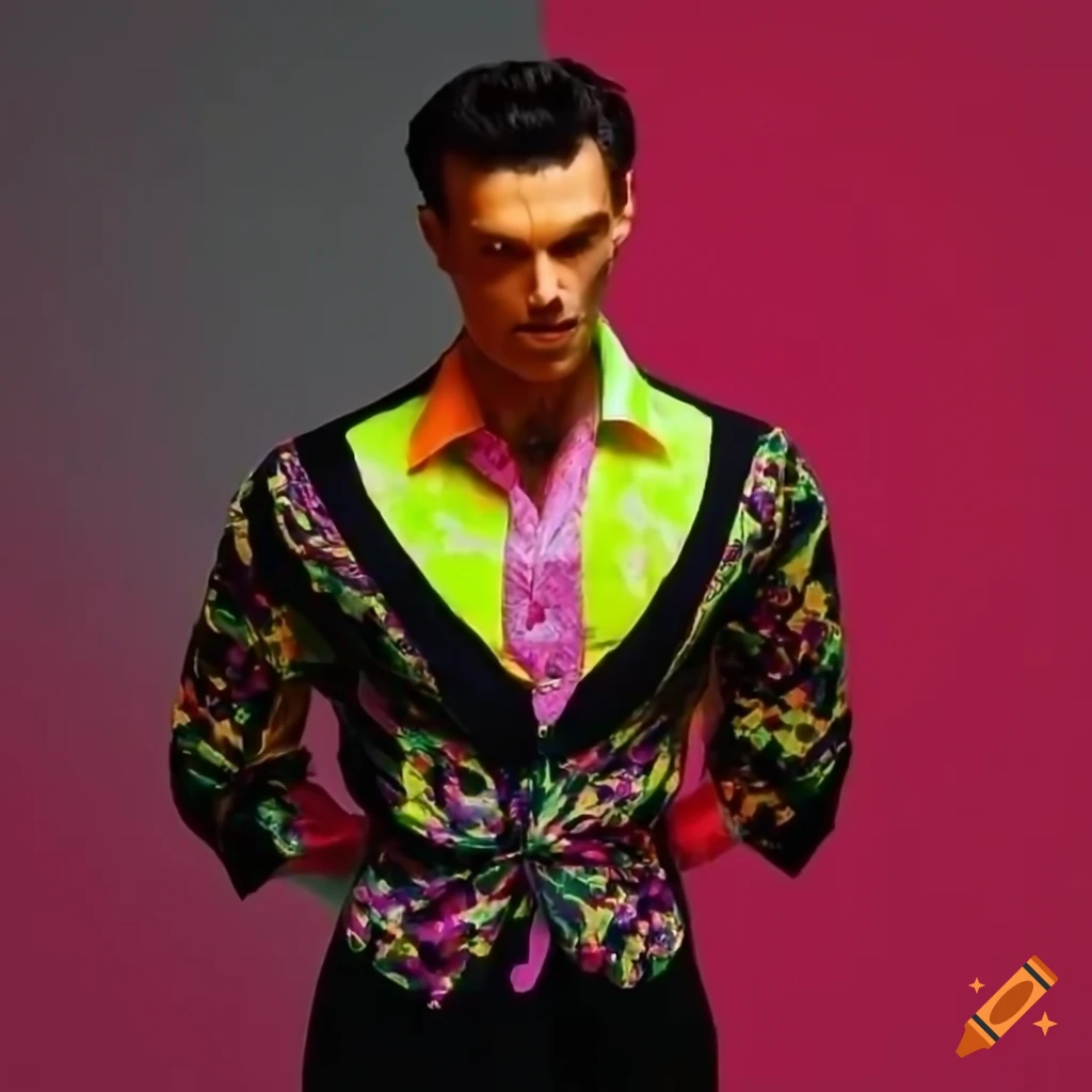Brunet man in colorful floral shirt and striped dress pants