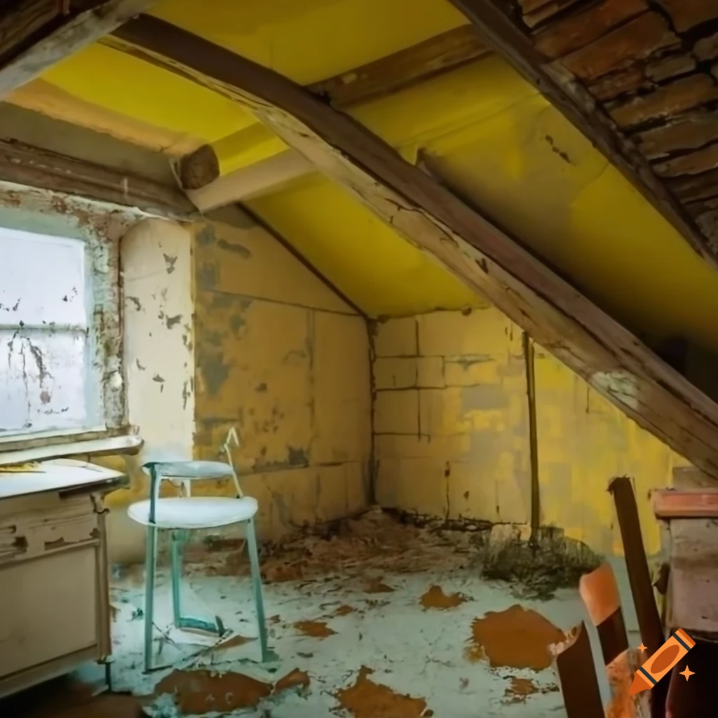Foggy abandoned attic kitchen with skylights and peeling paint