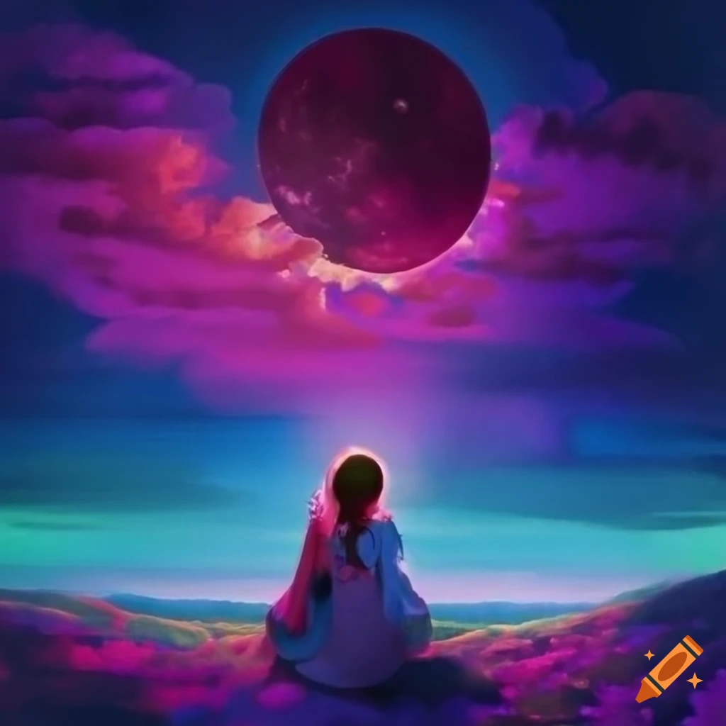Silhouette against a colorful fanciful dreamscape moon
