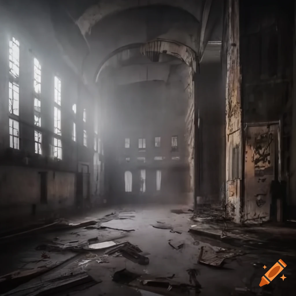 Abandoned warehouse with tall walls in foggy weather on craiyon