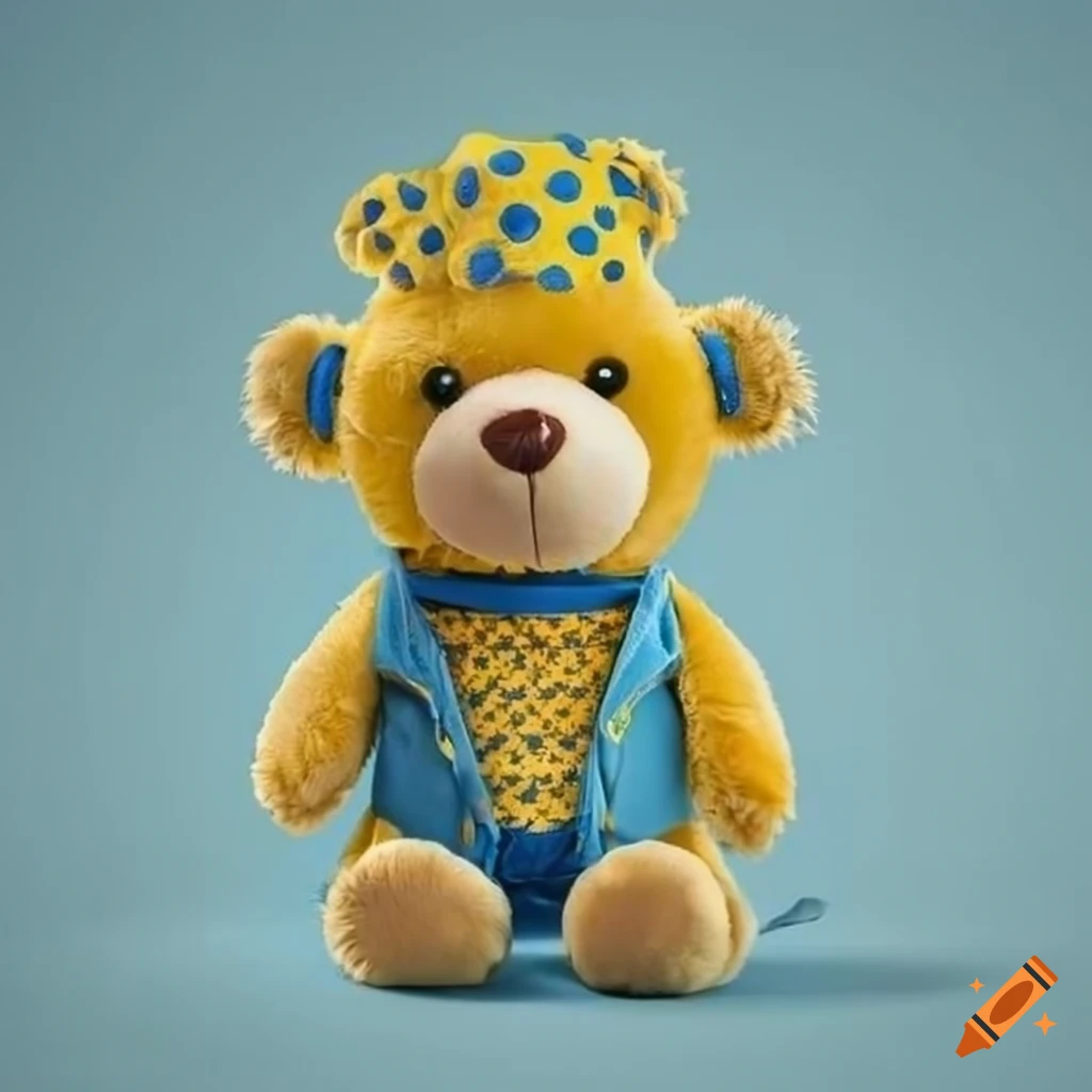 Teddy bear wearing blue and yellow pajamas