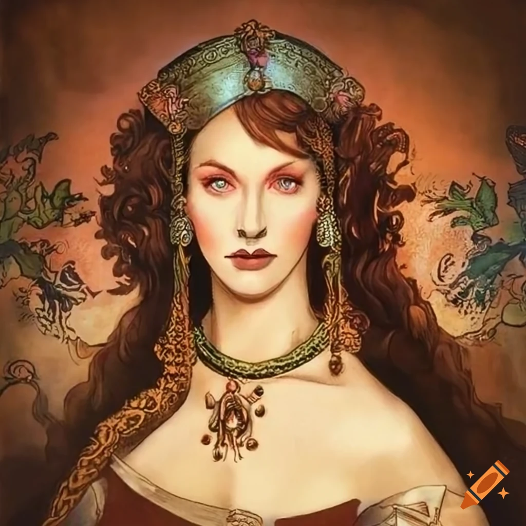 Baroque tarot card featuring a powerful beautiful woman