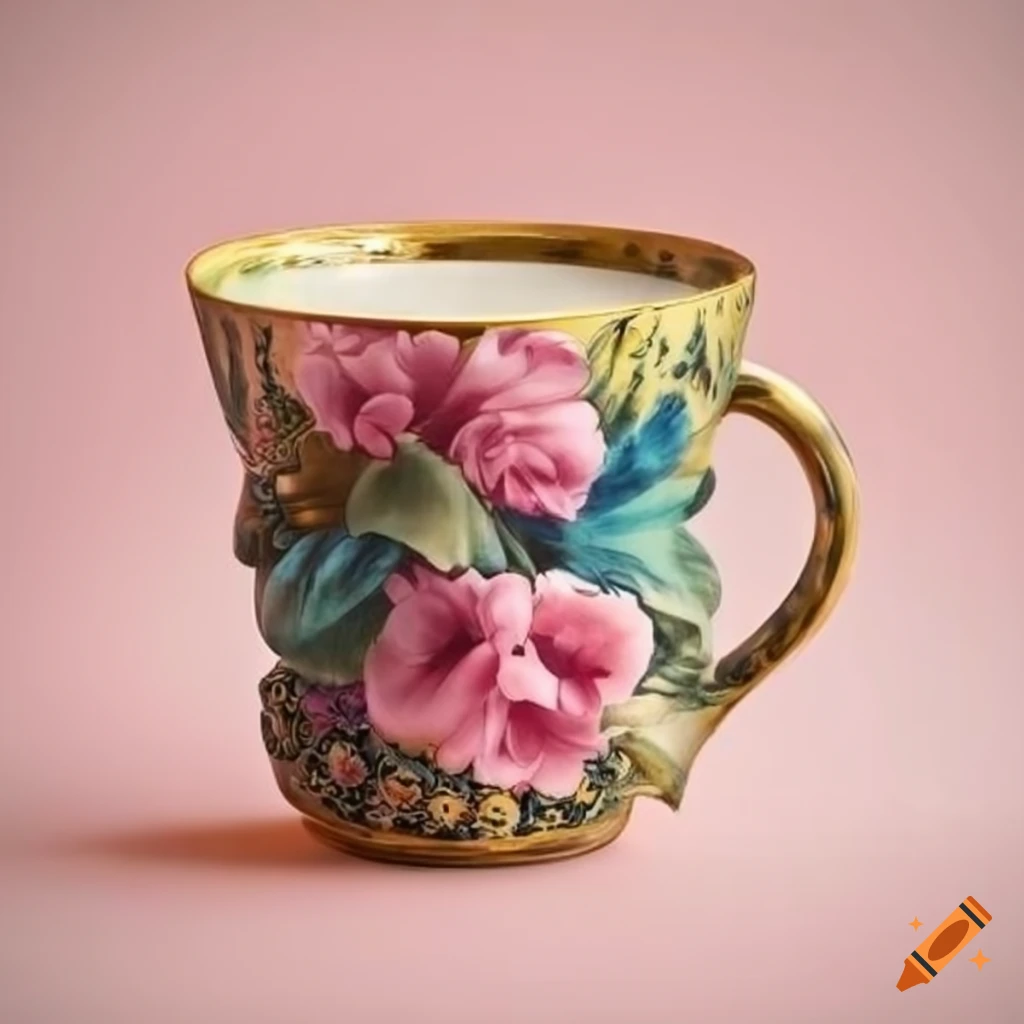 Victorian style mug with floral and bird design in pastel colors