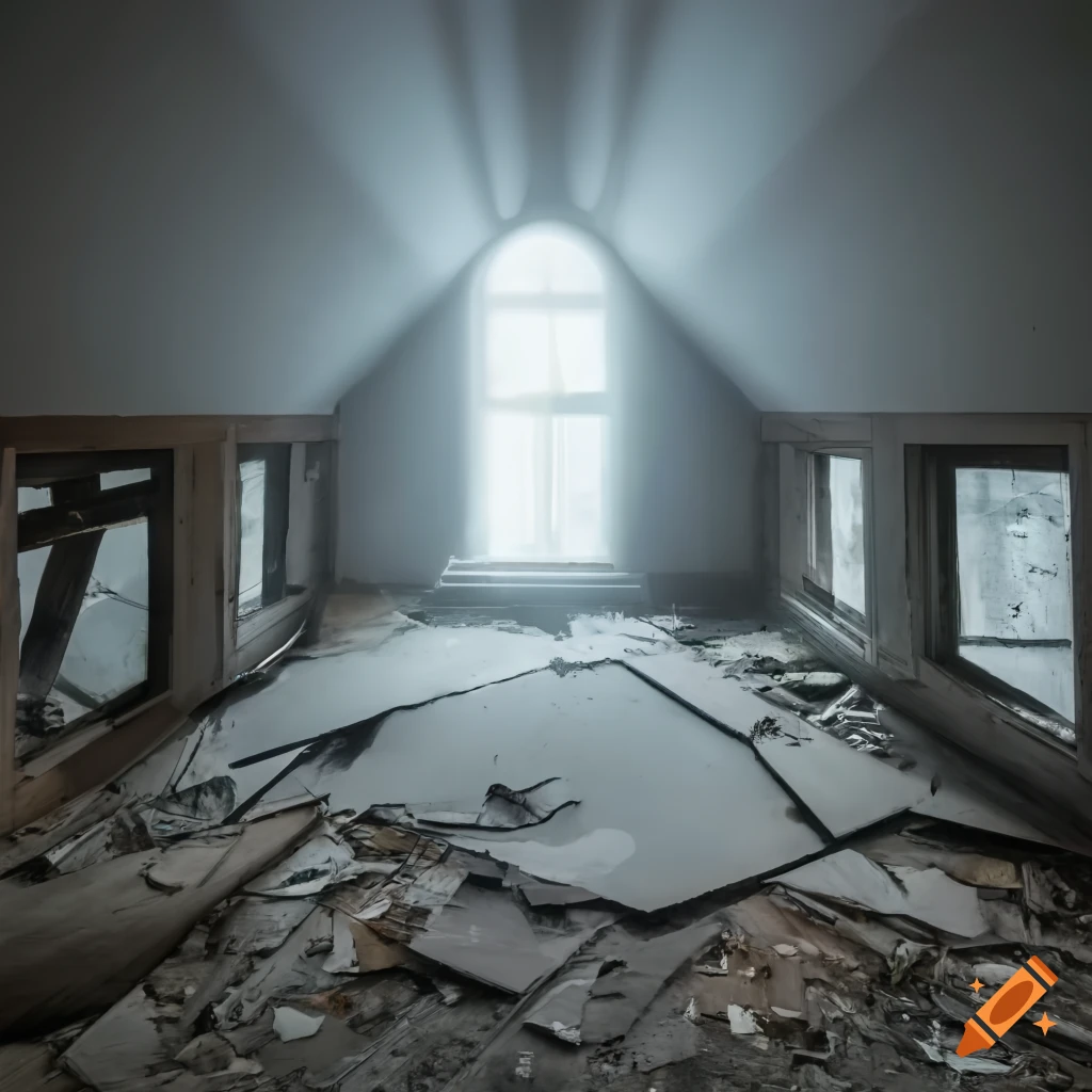 Collapsed floor in an abandoned sunny attic with glowing fog