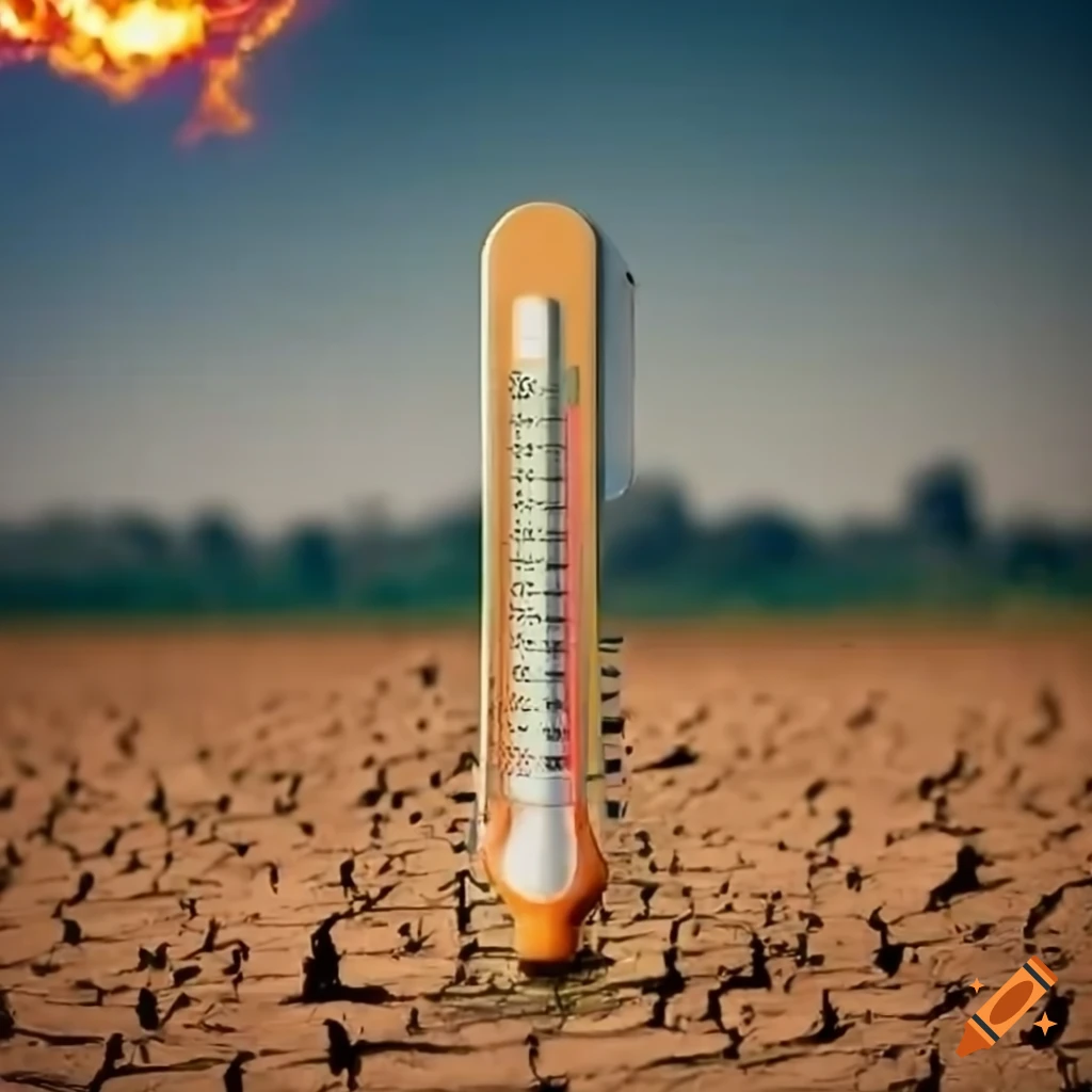 Exploding thermometer in extreme heat with dry farmland in the
