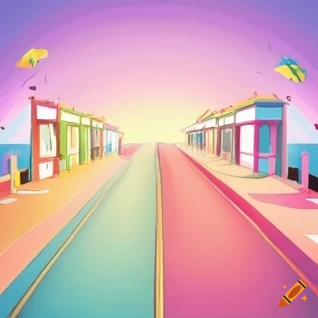 Row of pastel colored shops leading to the sea