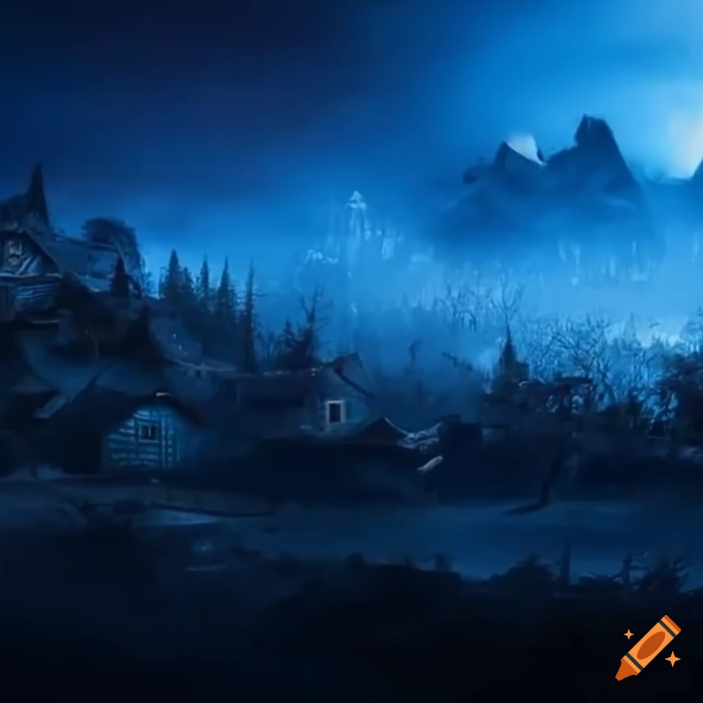 Intense blue fire burning village in the background