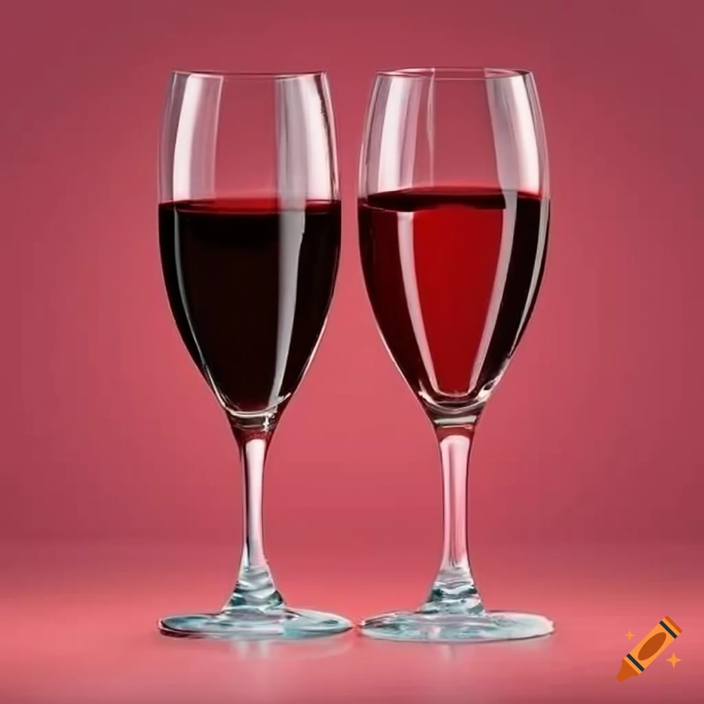 Two elegant wine glasses toasting on a red background