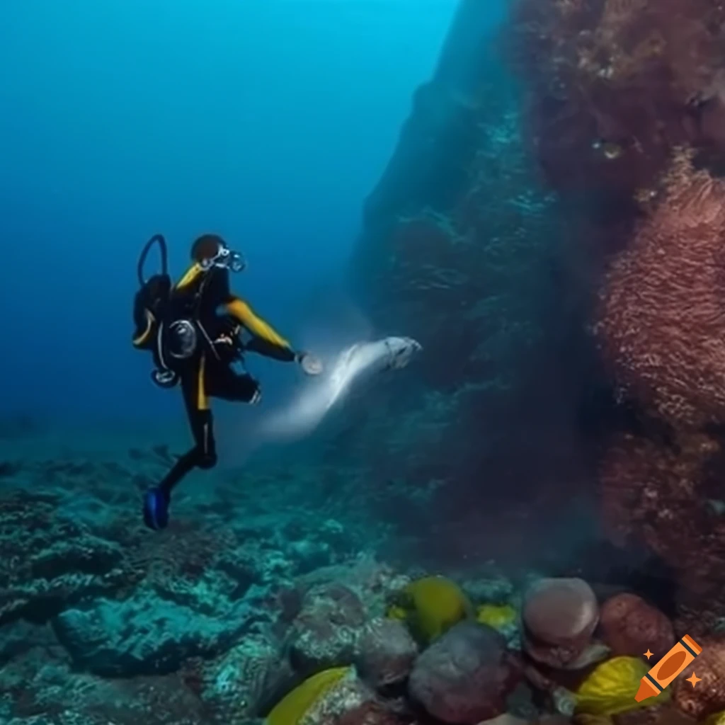 Diver descending to the seabed in a wide shot