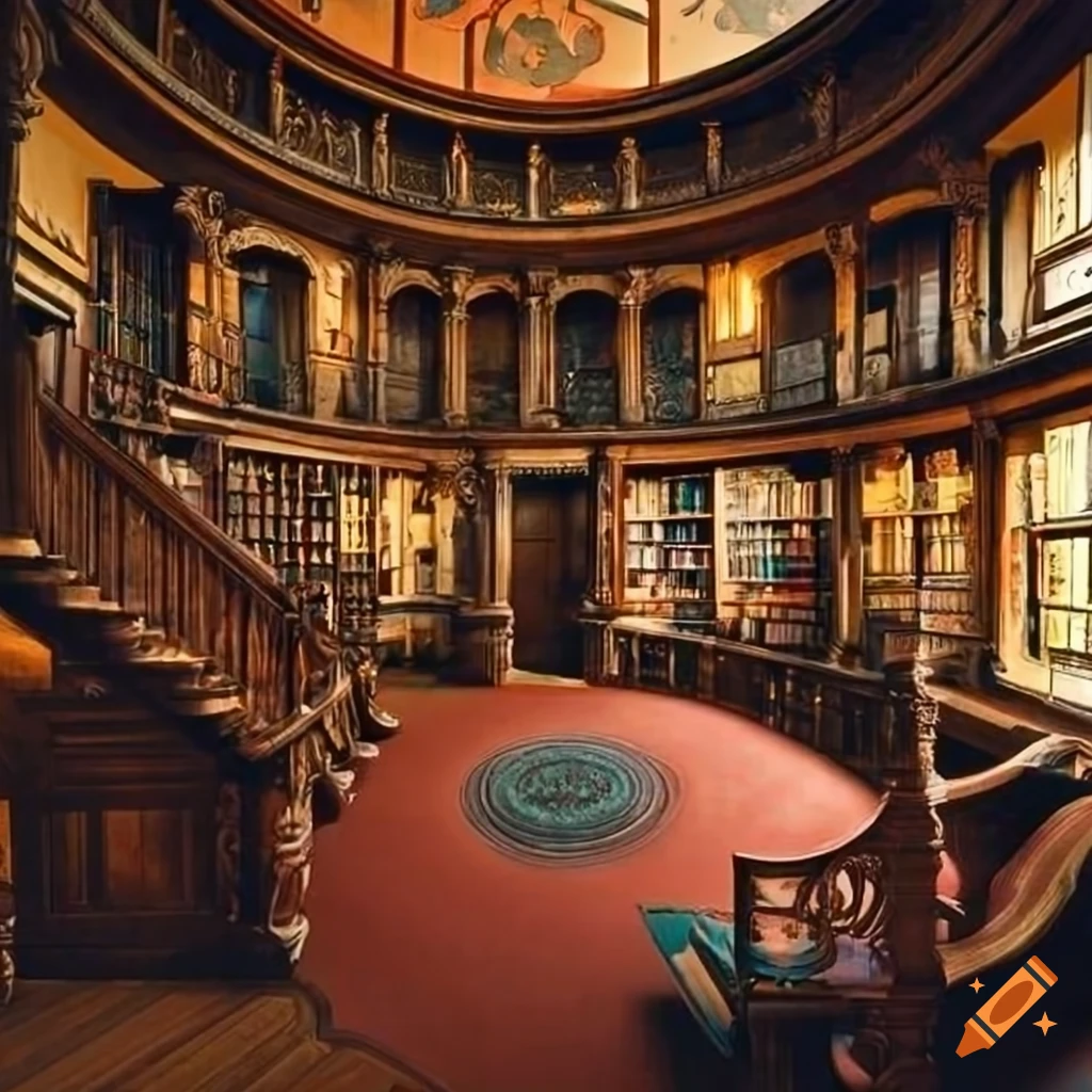 Cozy Victorian round room with large glass windows and a library ...