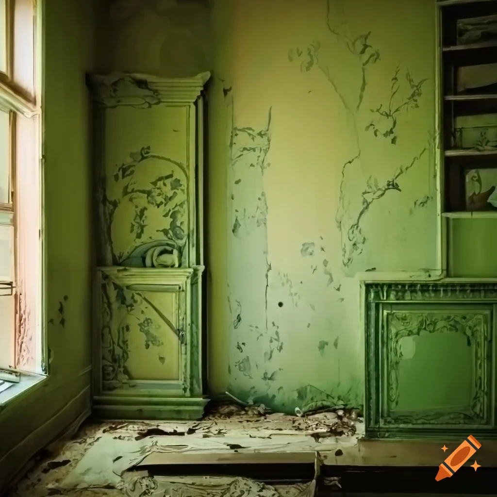 Abandoned ornate room with peeling peach paint and missing wall leading