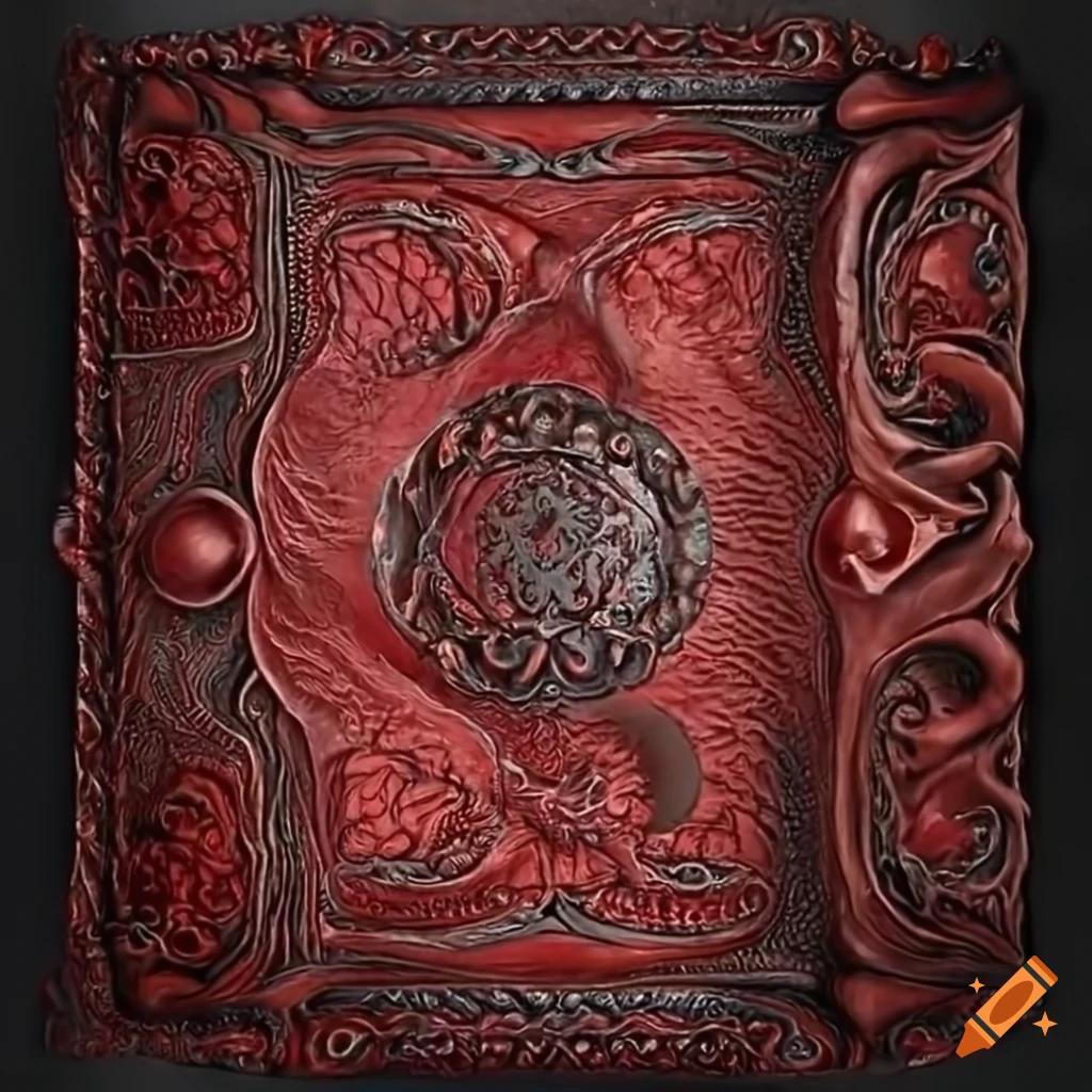 Intricately embossed dark red and black leather book cover