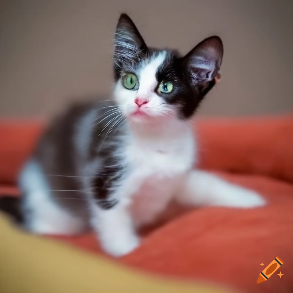 Black and white kitten with green eyes on a cat bed on Craiyon
