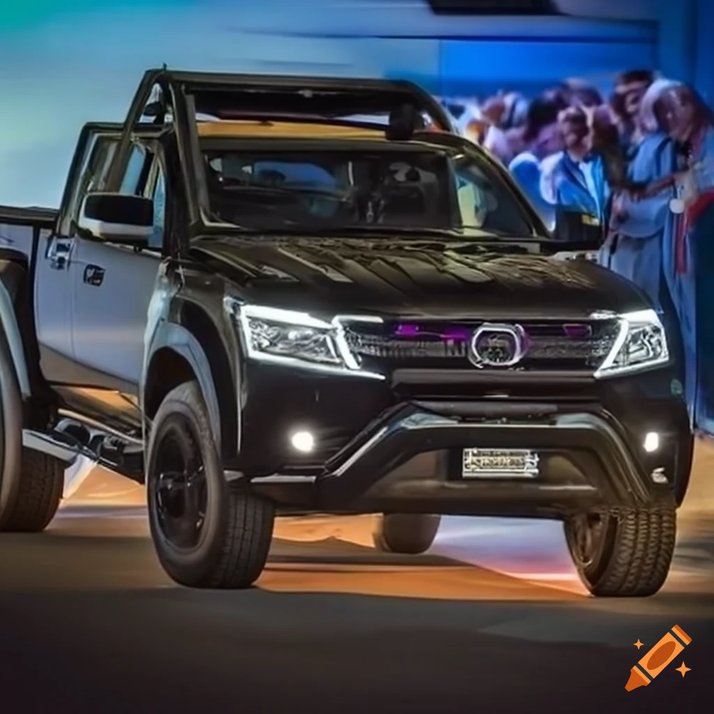 Black modern pickup truck at Brazilian carnival