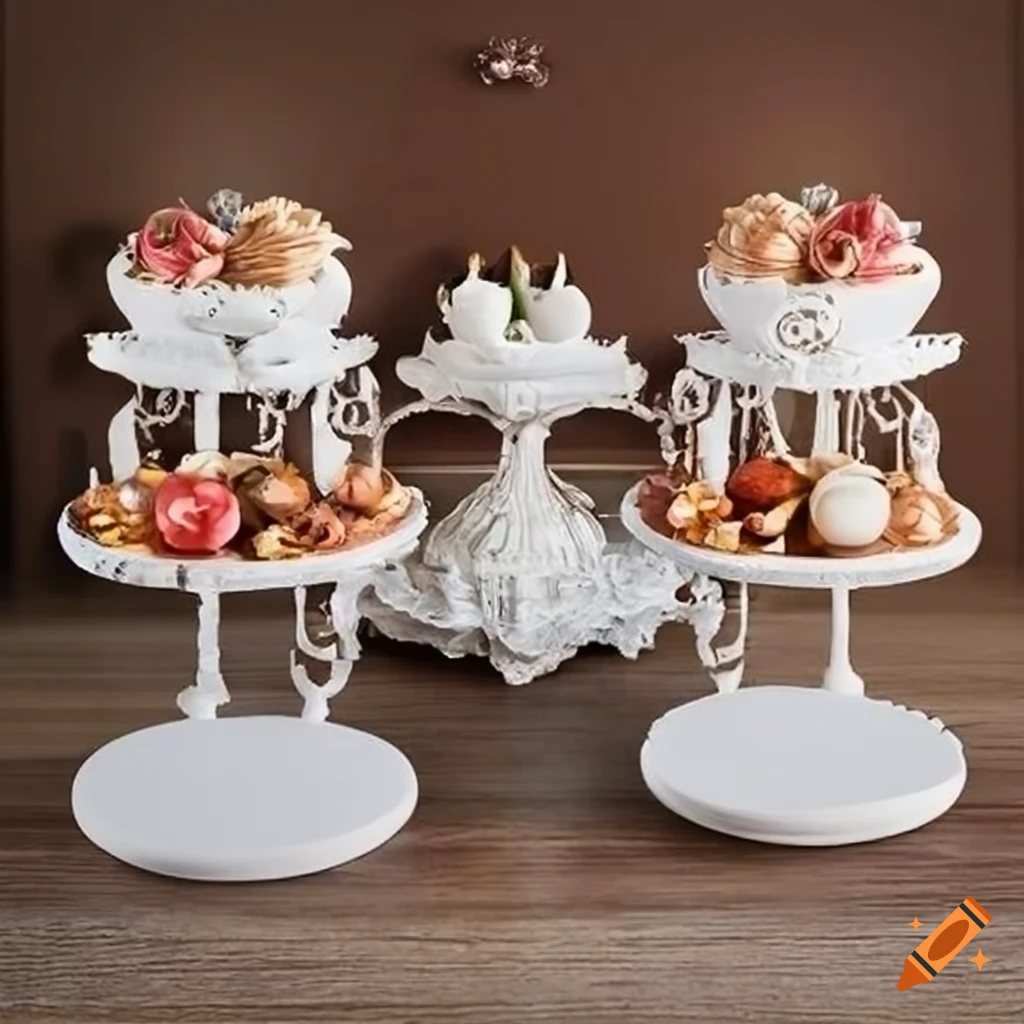 White buffet stands decorated with ornaments on Craiyon