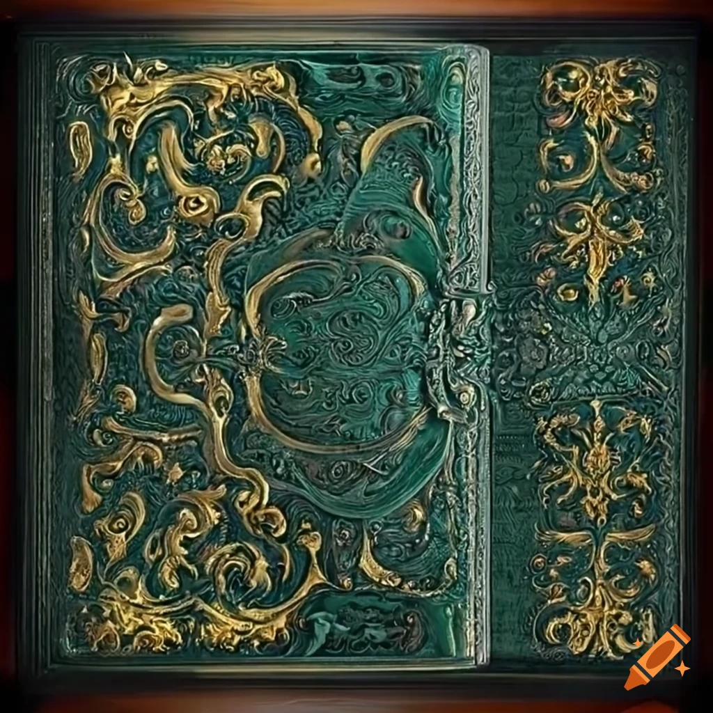 Detailed green and black leather-bound fantasy book with golden filigree