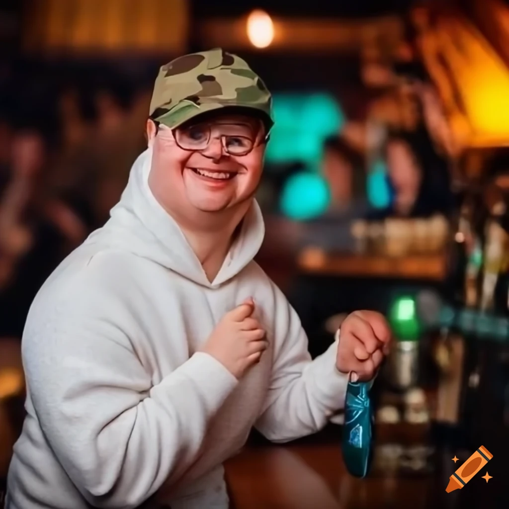 Smiling man with Down syndrome at a pub wearing spectacles and casual clothing