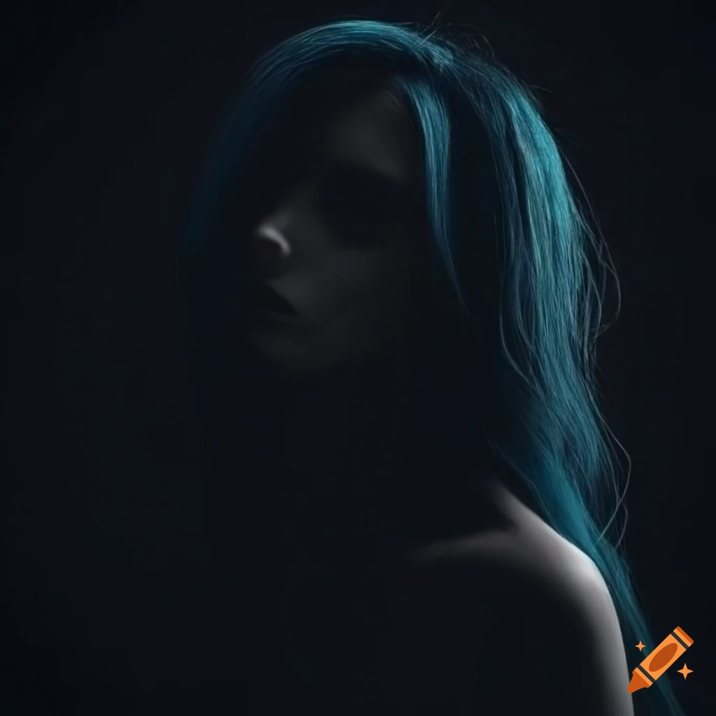 Silhouette with dark and blue hair in a dimly lit room