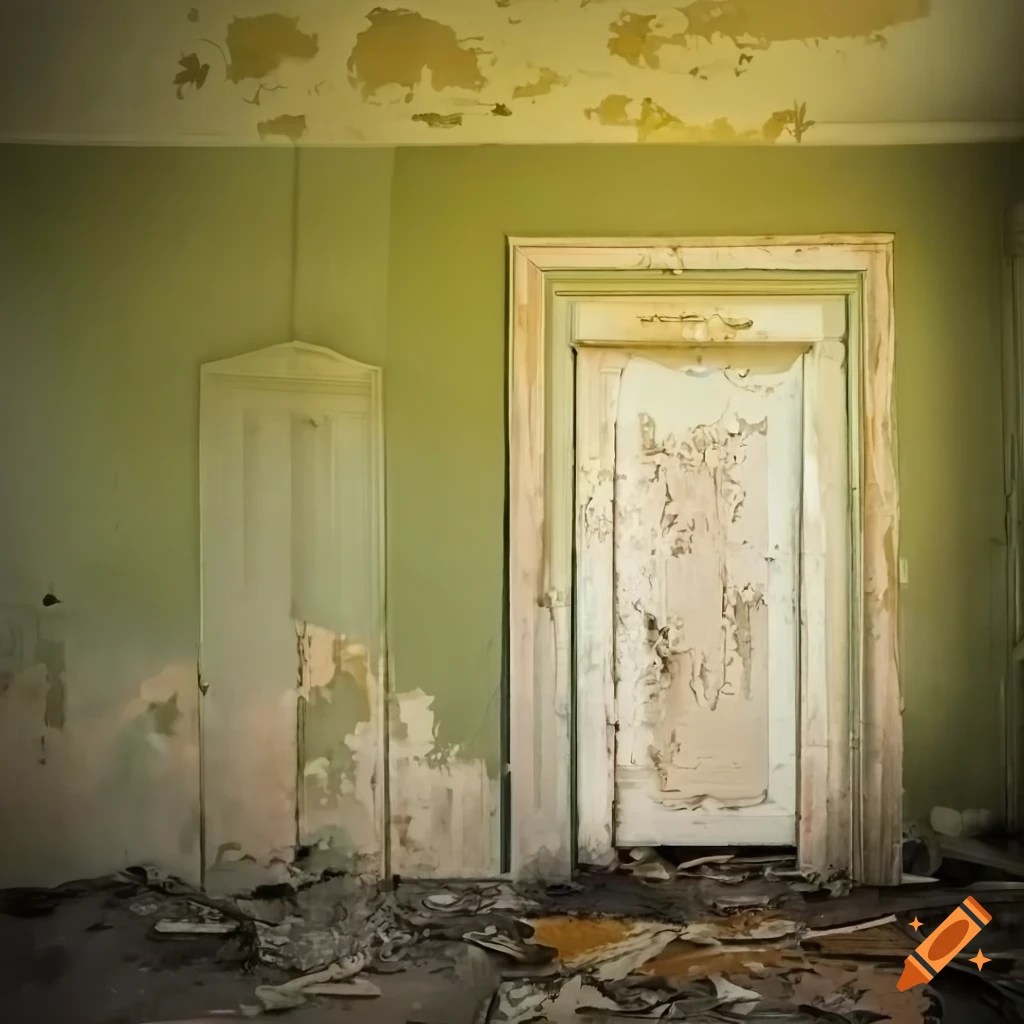 Abandoned ornate room with peeling peach paint and missing wall leading