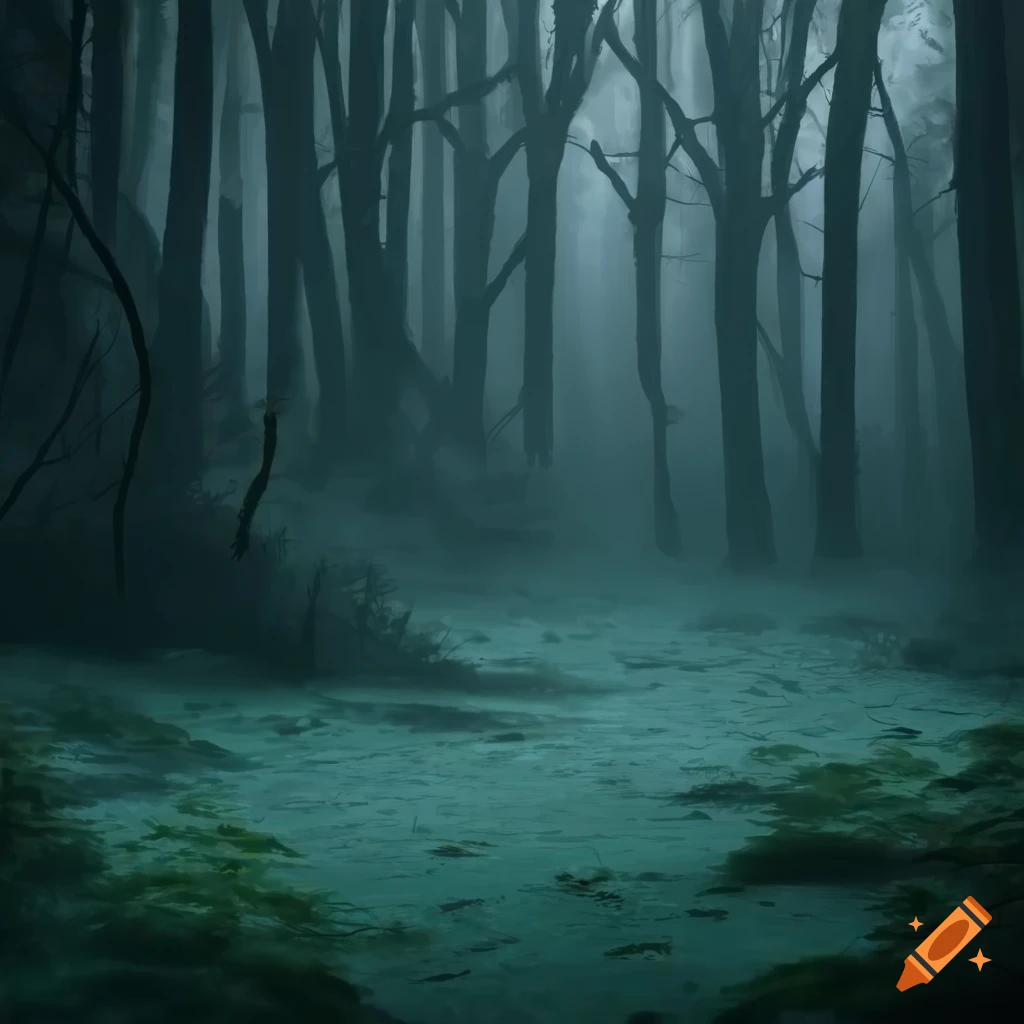 Dark and misty woods with ferns, bushes, and falling snow