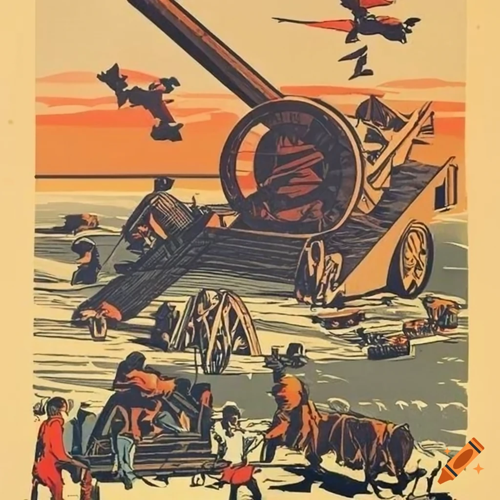 Soviet-style propaganda poster depicting workers, soldiers, and peasants battling extraterrestrial threats