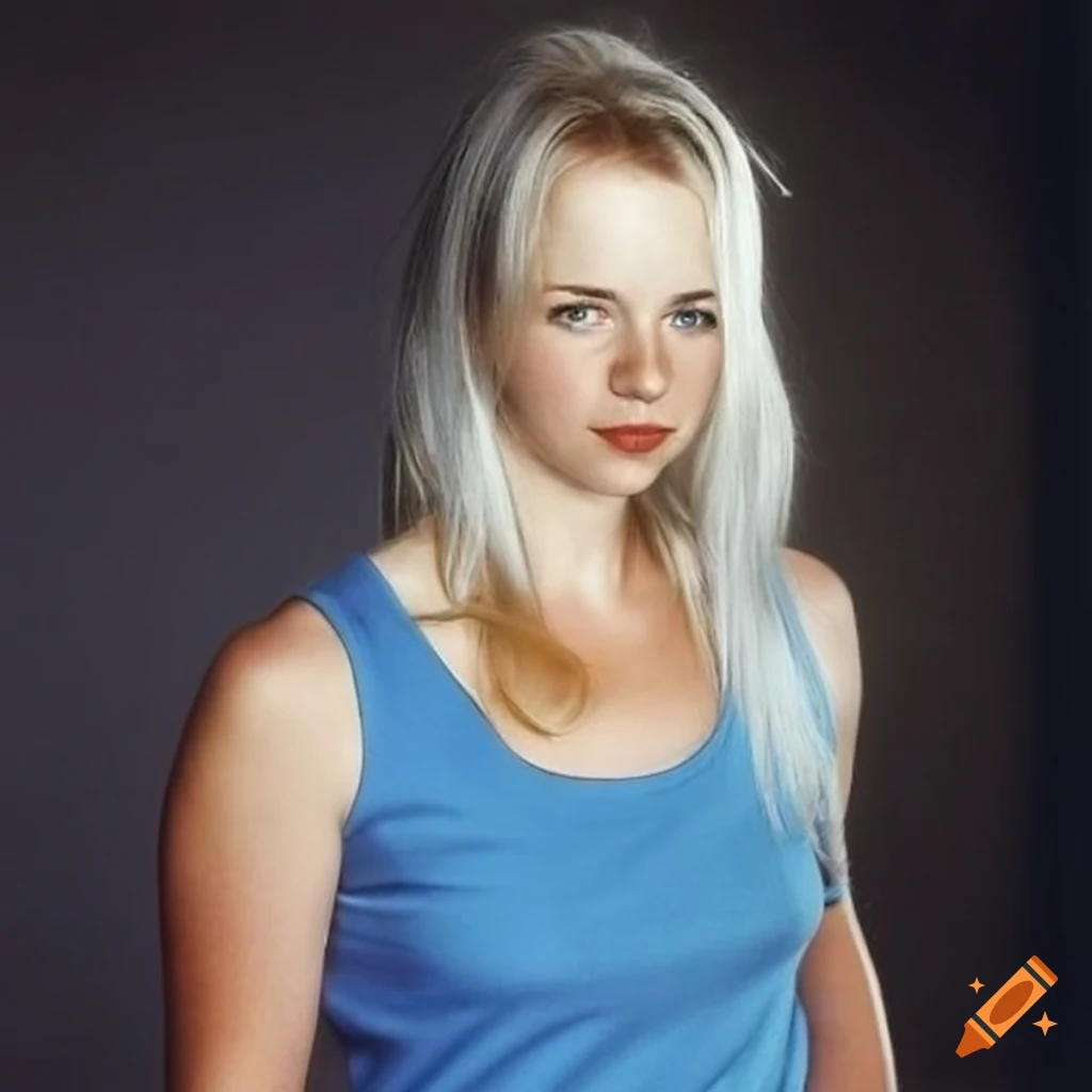 Melissa joan hart with white hair and sleeveless blue t-shirt on Craiyon