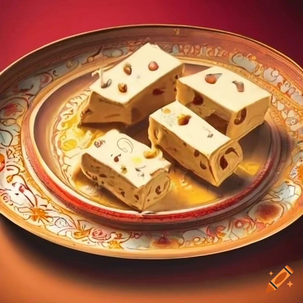 Five rounds of creamy kesar halva on a decorated Indian plate