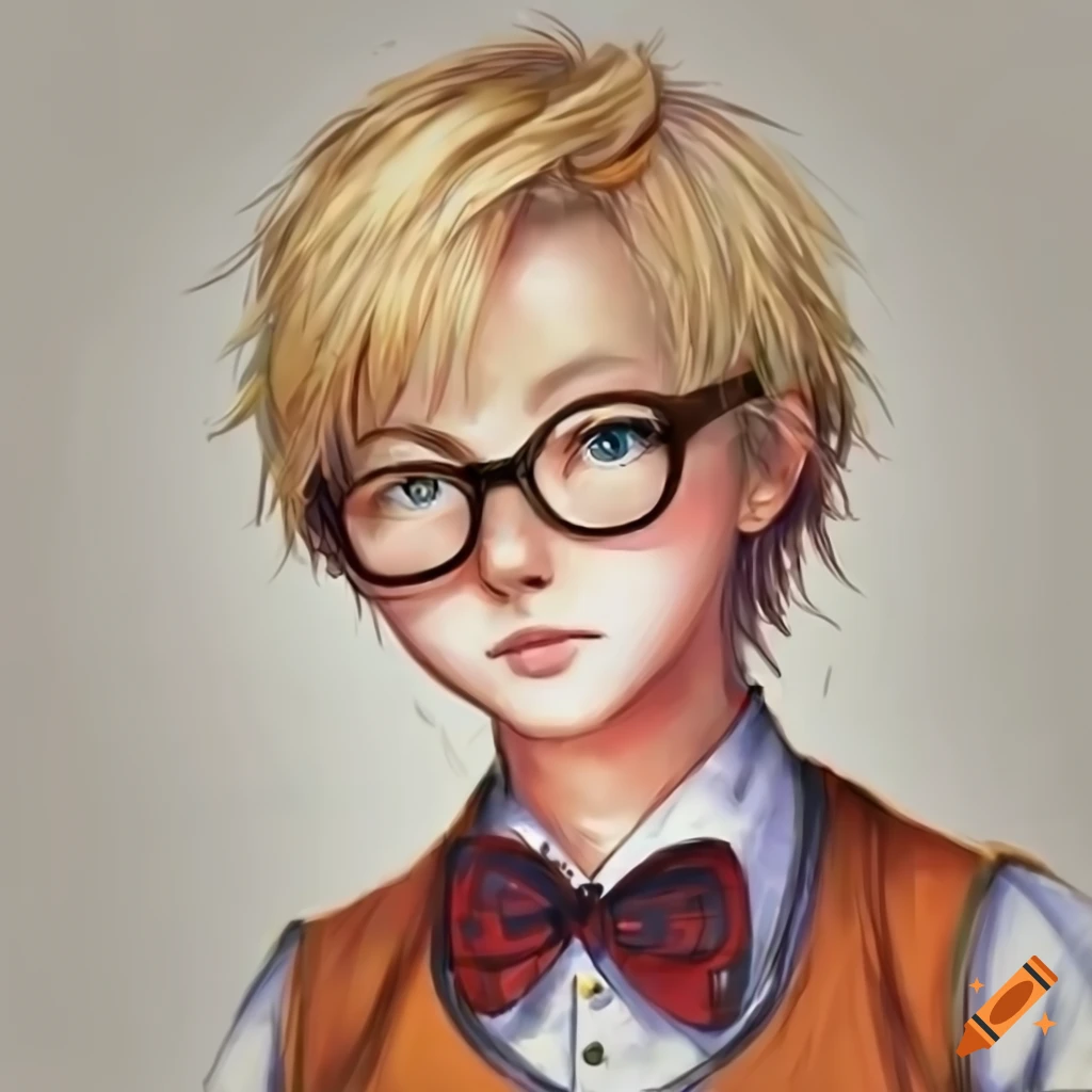 Blonde anime boy with round glasses, blue shirt, red bowtie, and orange vest