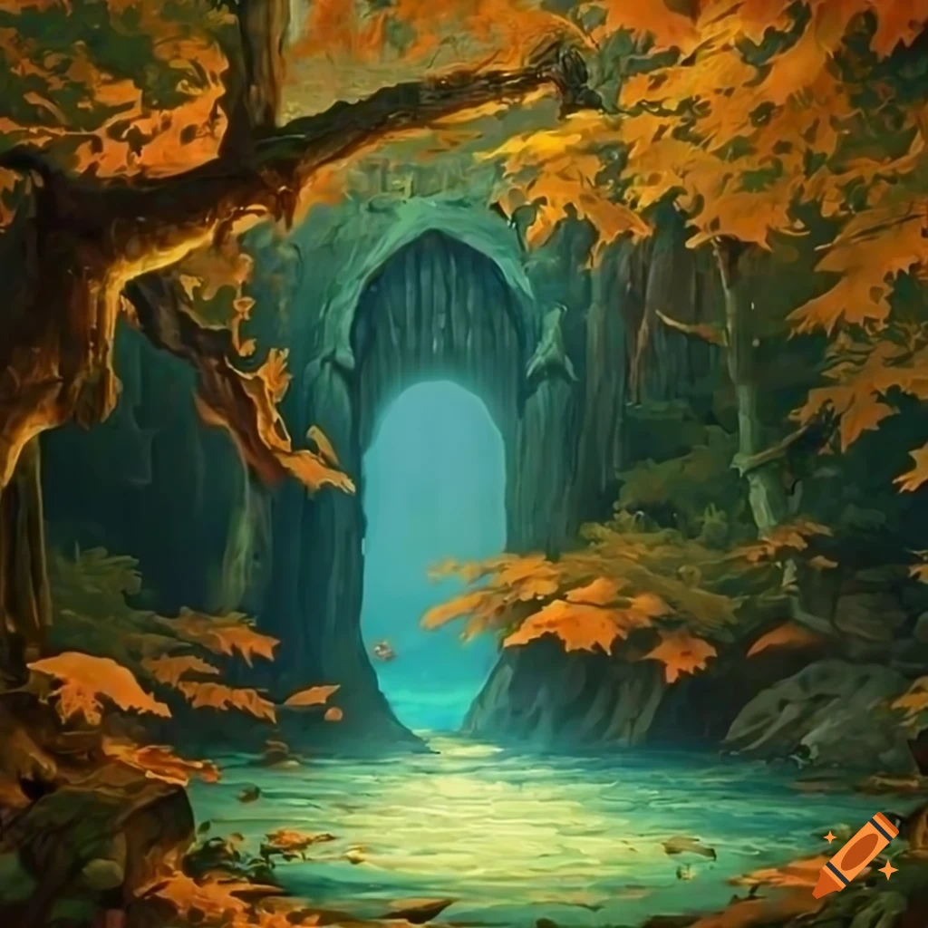 Hidden forest island portal with stunning maple lighting on Craiyon