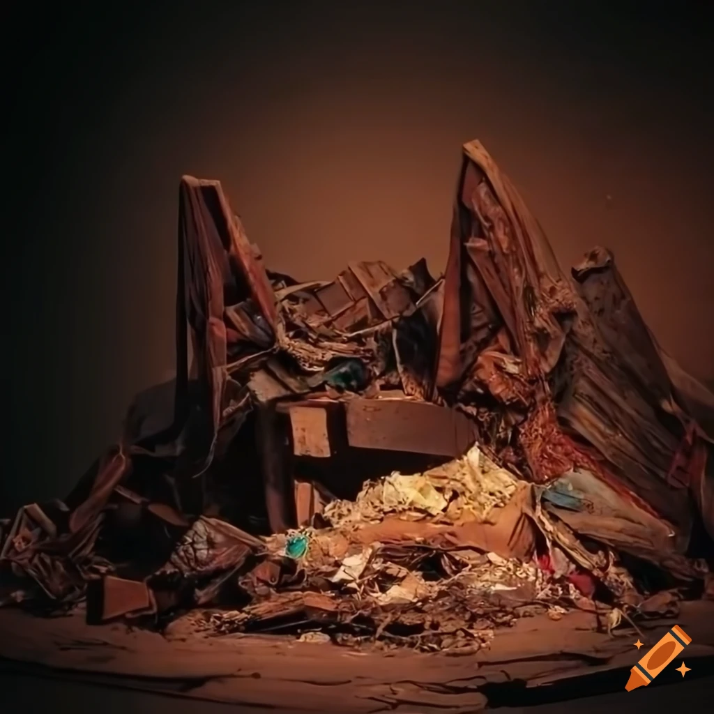 Desolated figure in a pile of junk garbage in a destroyed landscape