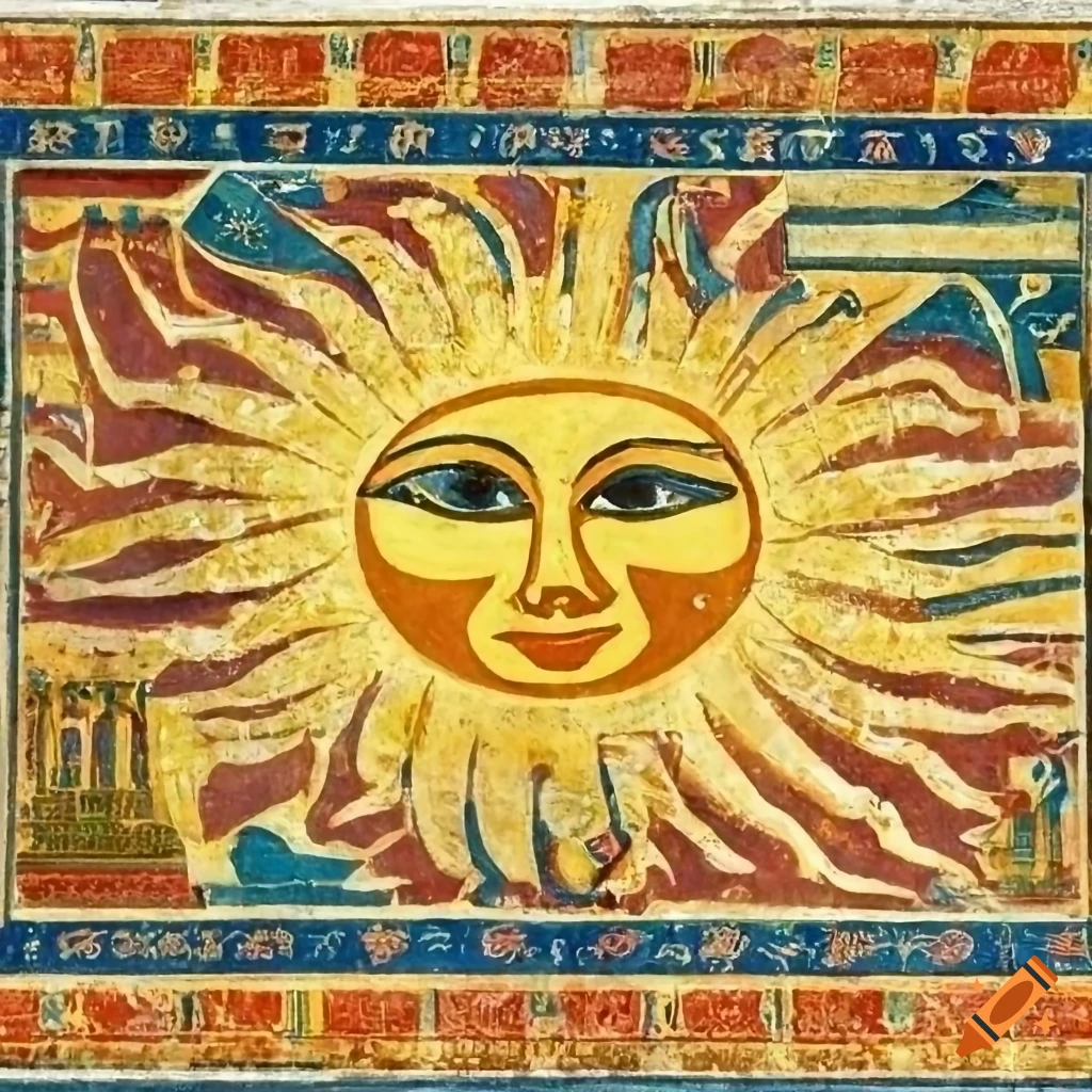 Album cover featuring a smiling sun in egyptian fresco style on Craiyon