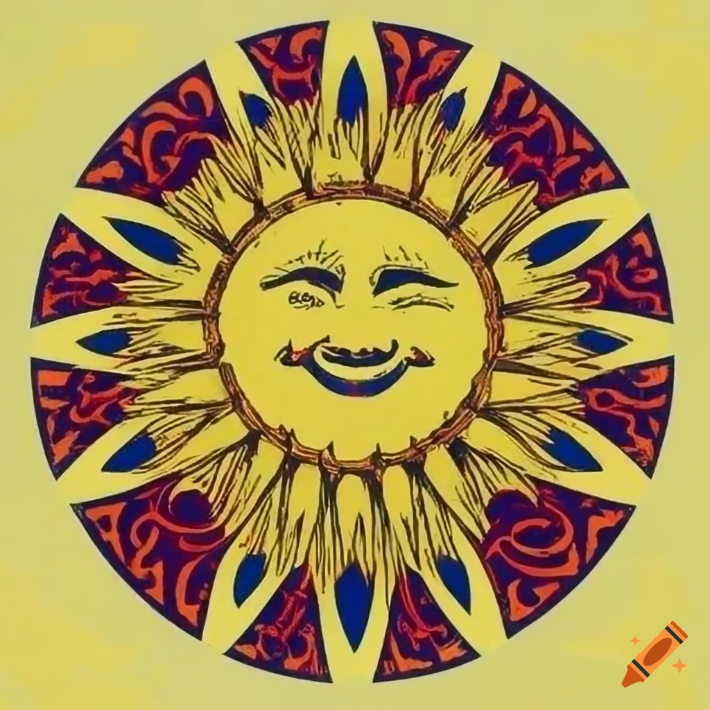 Art deco smiling sun with rays in colored engraving style on Craiyon