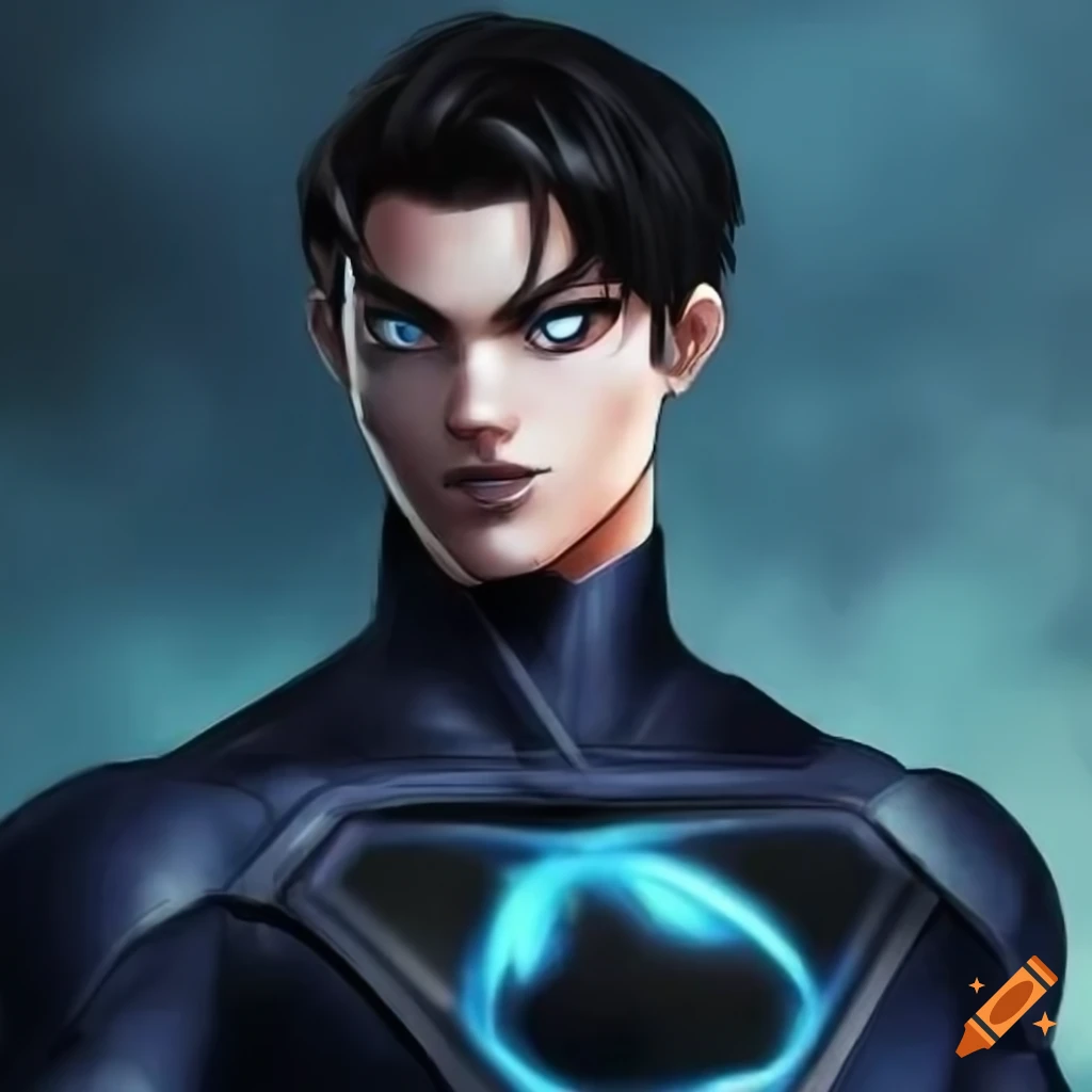 Portrait of a blue-suited super villain with short black hair and mischievous face