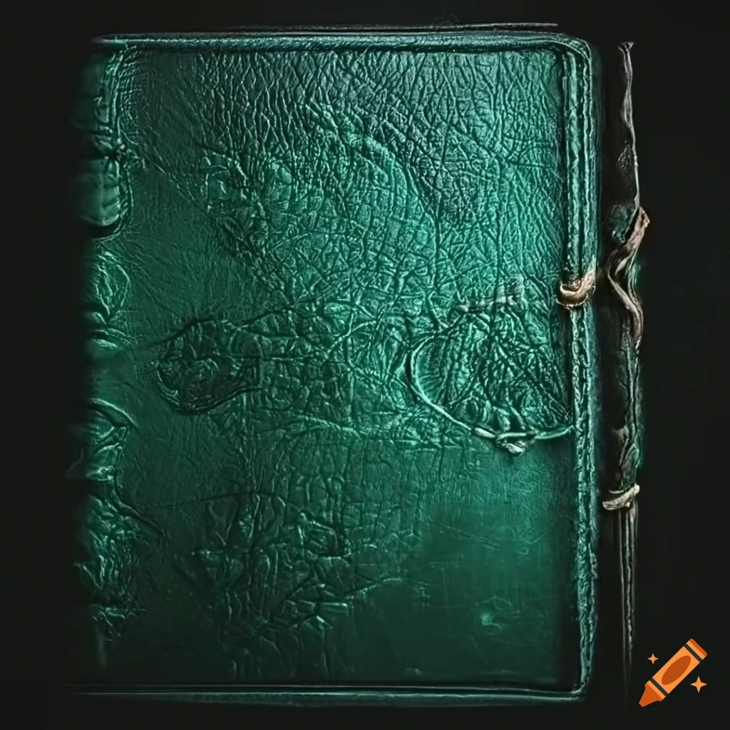 Intricately embossed deep green and black leather bound book