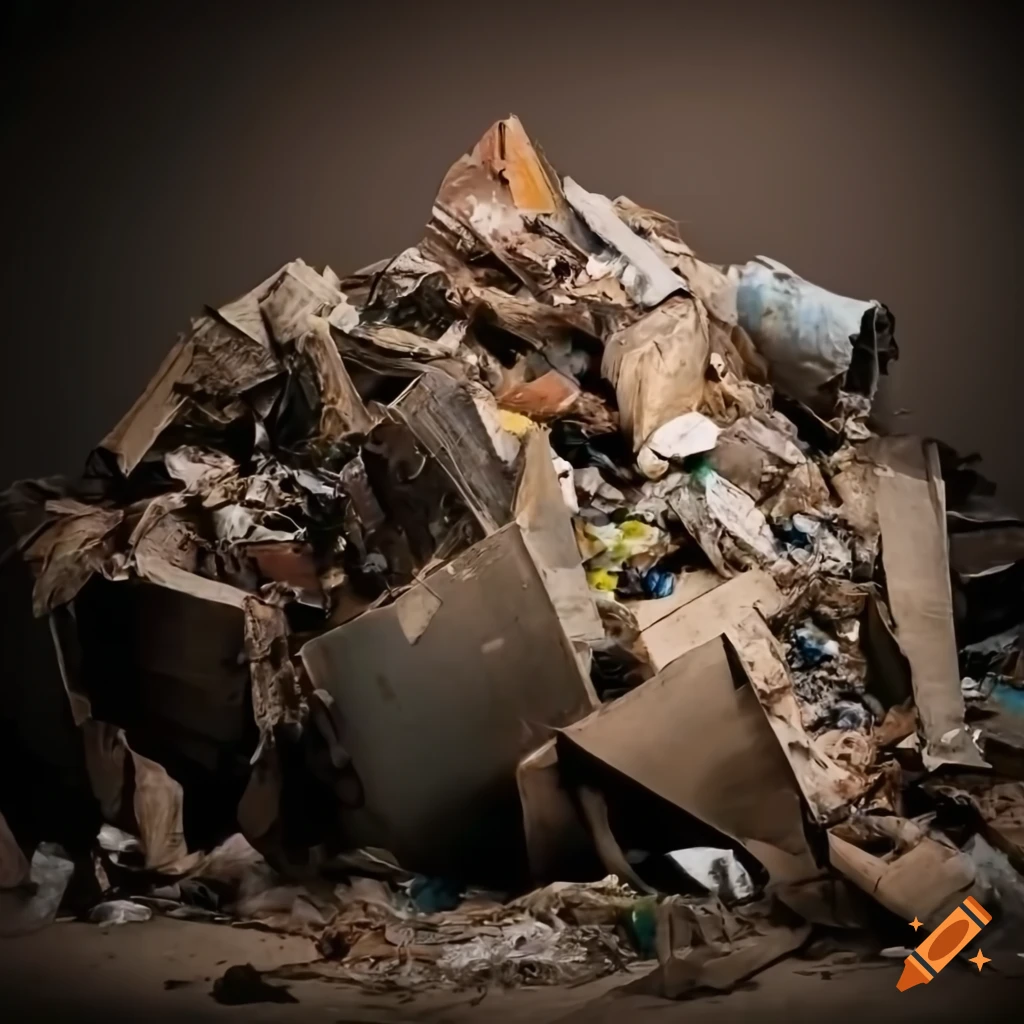 Desolated figure in a junk garbage pile in a destroyed landscape on Craiyon
