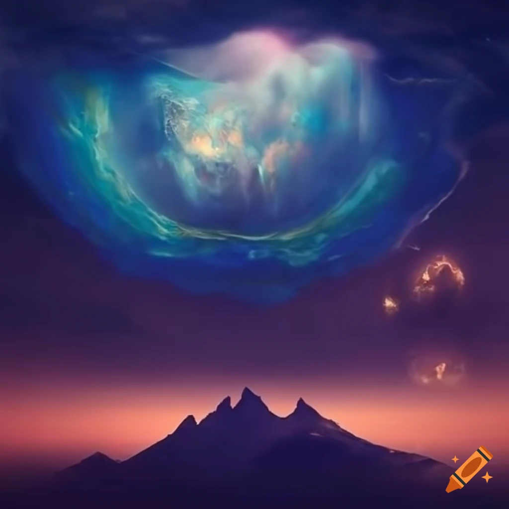 Scifi world with floating mountains and blue foliage, grey earth, and soft sky