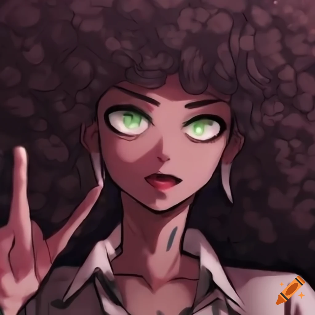Danganronpa character with green eyes and afro hair
