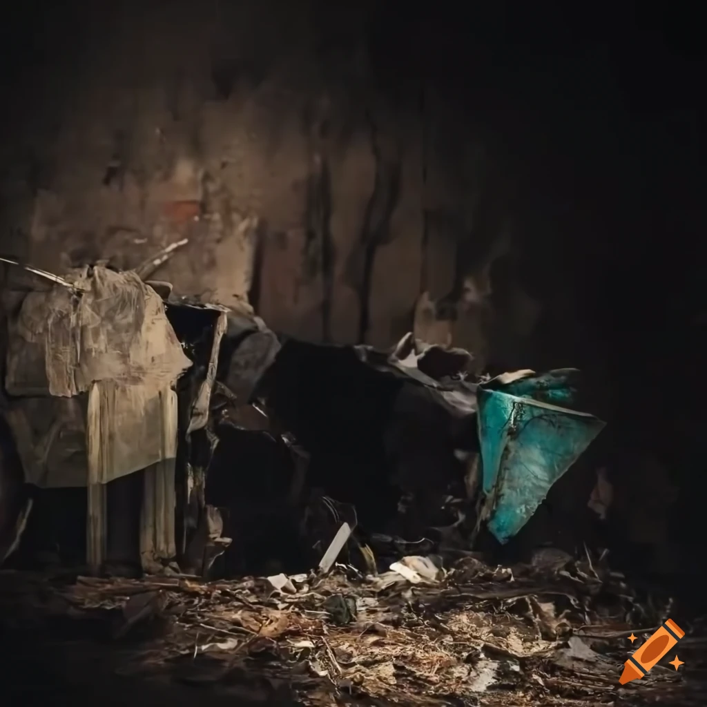Desolated figure in a pile of junk garbage in a destroyed landscape