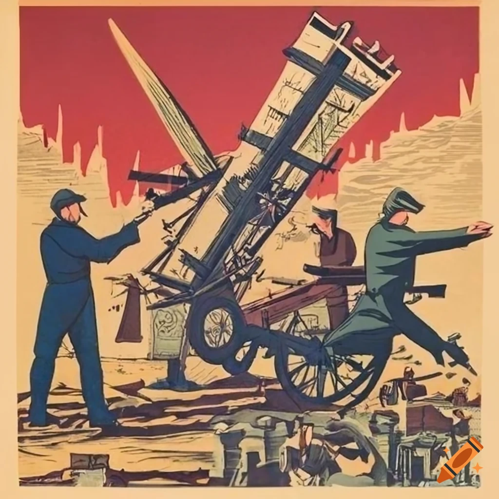 Soviet-style propaganda poster depicting workers, soldiers, and peasants battling extraterrestrial threats