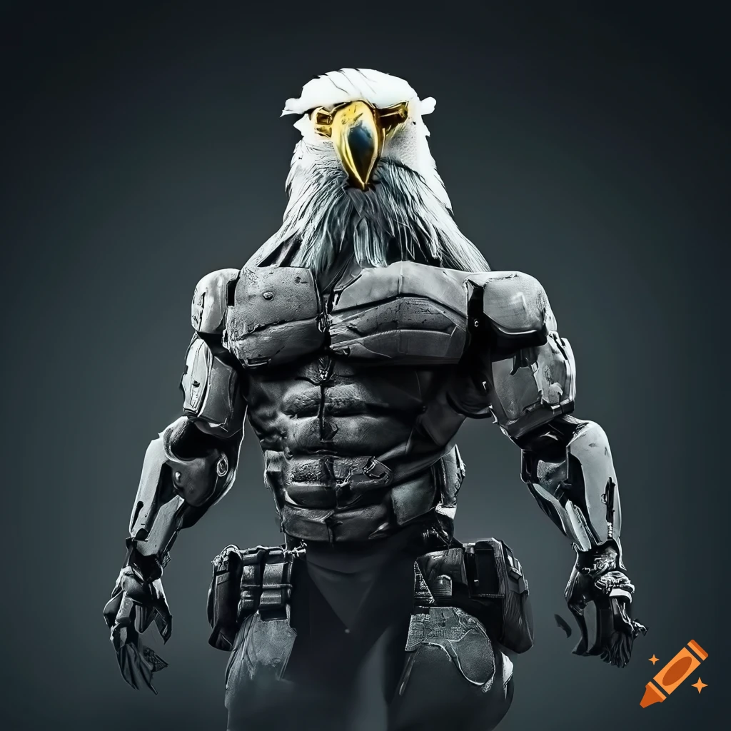 Eagle facing evil robot version with warzone background, black and white portrait